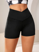 Short Biker Feminino de Yoga e Fitness, Cintura Alta com Cós Cruzado e Bolso, Short Esportivo para Treino