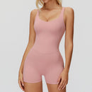 Macacão Fitness Feminino Curto, Conjunto Esportivo de Yoga em Peça Única, Efeito Push Up, Roupa de Academia, Body Fitness com Elasticidade
